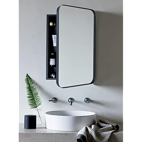 VANA NALA Matt Black 20x30'' Stainless Steel Framed Recessed Bathroom Medicine Cabinet with Mirror Rounded Rectangle Medicine Cabinet Cover