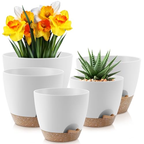 YNNICO Plant Pots 10/9/8/7.5/7 inch, Self Watering Planters with Drainage Holes & Saucers for Indoor and Outdoor Plants (White) by YNNICO - Used condition - US$23.64