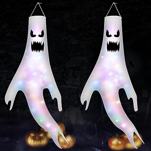 Mokot Halloween Deko Outdoor, 120CM Halloween Geist Dekoration Garten mit Led Lichterkette, Halloween Windsäcke Flagge hängen Ghost für Party Horror - 2 Stück