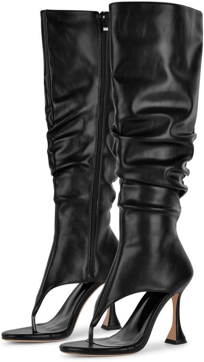 sexytag Women’s Slouchy Knee High Thong Boots – Open Toe Flared Stiletto Heel Wide Calf Side Zipper Dress Boots - Image 5