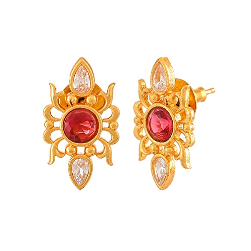 Abharan Red Round Stones Stud Earrings