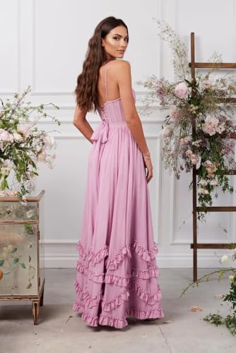 Spaghetti Straps V Neck Bridesmaid Dresses for Wedding Ruffle Long Chiffon Formal Evening Maxi Dress2