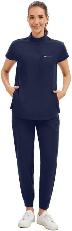 Kitmaz Women's Scrub Set - Convertible Mandarin/V-Neck Top & Jogger Pants, 9 Pockets, Wrinkle & Splash Proof