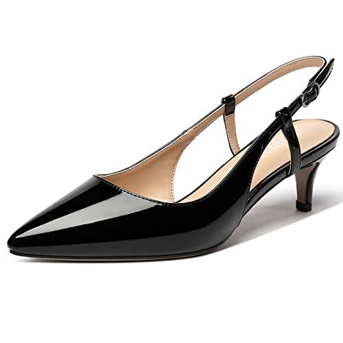 MODENCOCO Women's Pointed Toe Patent Buckle Slingback Cut Out Kitten Low Heel Pumps Shoes 2 Inch