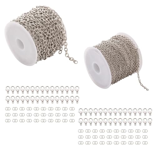 xutong 32.8 Feet Silver Jewelry Chain, Link Stainless,Steel Chain Roll Spool Necklace Chain,with 60Pcs Lobster Clasps and 120Pcs Open Jump Rings, Silver for Jewelry Making DIY Bracelet Anklet