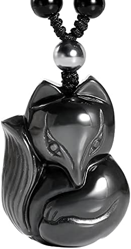 Jewever Black Obsidian Lucky Fox Necklace Natural Stone Healing Crystal Pendant Protection Amulet/Talisman Gemstons Pendant Jewelery