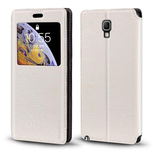 Shantime Funda de Cuero con Ventana Compatible con Samsung Galaxy Note 3 Neo, Diseño Elegante Vista Clara, Cierre Magnético Oculto Ranura Tarjeta(Blanco)
