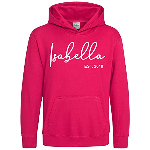 Image of Purple Print House Personalised Name and Year Hoodie - Personalised Gift For Girls Kids Childrens Hooded Top Birthday Girls, 12-13 Years, Bright Pink