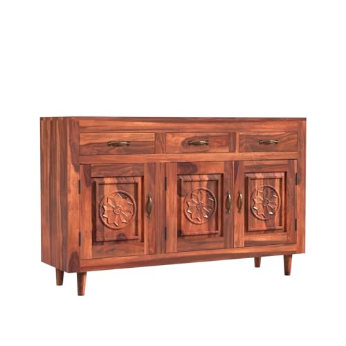 Image of Solid Sheesham Wood Sideboard Cabinet Storage with 3 Door & 3 Drawer Wooden Storage Organizer Cabinet for Home Kitchen Living Room Bedroom Hallway Dinning | Natural Honey Finish | Pre-Assembled