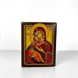 Wooden Greek-Christian Orthodox icon of The Vladimir Mother of God, Completely Handmade. Artistic Ha