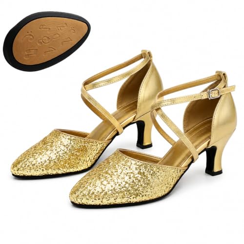 Hixingo Zapatos de Baile Latino Mujer,Salsa y Bachata Cerrados Tango Tacon de 5,5 cm, Salón Moderno Tango cha-cha Vals,Zapatos de Baile de Salón (115 Oro,34)