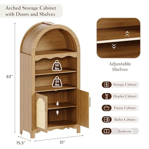 Image of LINLUX 63 inch Arched Kitchen Pantry Cabinet, Arched Cabinet with Rattan Doors & Adjustable Shelves, Versatile Cupboard Arch Cabinets for Kitchen Storage, Dinning Room, Living Room, Entryway, Natural