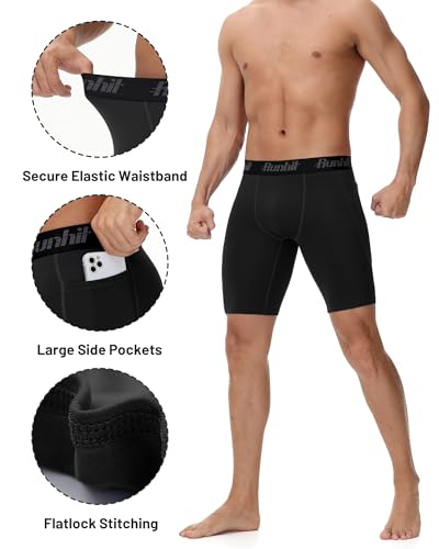 Runhit 2 Pack Mens Compression Shorts with Pockets 9" Performance Spandex Underwear Sport Athletic Workout Running Base Layer3