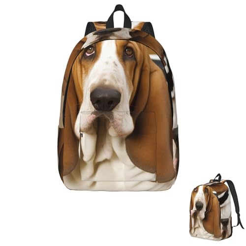 KHiry キャンバスバックパック レディース メンズ ラップトップバックパック 軽量 デイパック バセットハウンド リュックサック ナップサック, ブラック///ホワイト, Smallのサムネイル