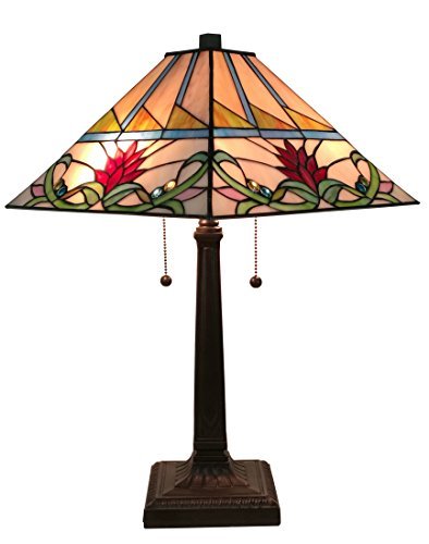 Tiffany Style Table Lamp Banker Mission 22" Tall Stained Glass Tan Green Blue Red Floral Flower Vintage Antique Light Décor Living Room Bedroom Handmade Gift Am311Tl14 Amora Lighting, 14 Inches Wide #TOP20