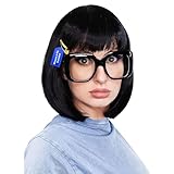 ALLAURA Tina Belcher Wig + Black Glasses + Yellow Hair Clip Set, Edna Black Bob Wig – Compatible with Tina Belcher Costume Adult