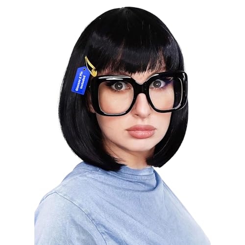 ALLAURA Tina Belcher Wig + Black Glasses + Yellow Hair Clip Set, Edna Black Bob Wig – Compatible with Tina Belcher Costume Adult