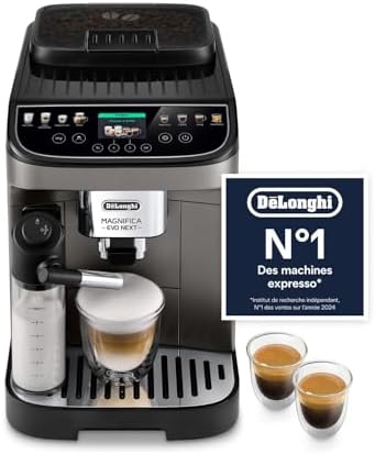 De’Longhi Magnifica Evo Next - Perfetto Machine à Café Automatique avec LatteCrema Mousseur à Lait Automatique, 13 Boissons en une Seule Touche, Écran Tactile Couleurs, Titane et Noir (ECAM312.80.TB)