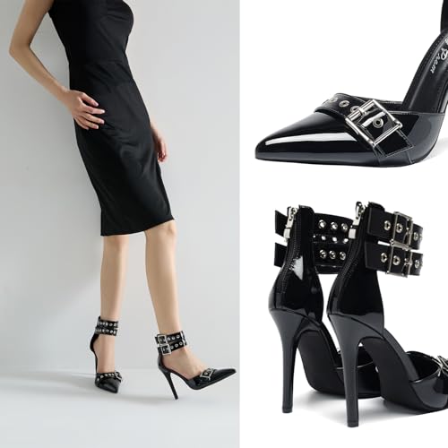 Women's Pointed Toe 4.3IN Stiletto Heel Pumps Double Ankle Straps & Big Buckles Nightclub Party Wedding Dress Shoes2