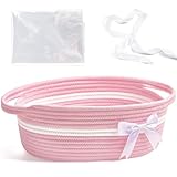 Yeeeasy Gift Basket with Bow and Bag - Home Decor Rope Storage Container for Baby Toys, 13.5'X 8.5' X 5.5' with Handles, Pink
