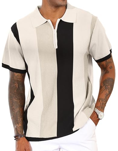 Men's Fashion Polo Shirts Vintage Striped Knitting Shirts Casual Slim Fit Golf Shirts White XL