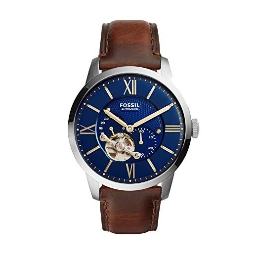 Fossil Reloj para hombre Townsman, movimiento mecánico automático, caja de 44mm de acero inoxidable plateado con correa de piel, ME3110
