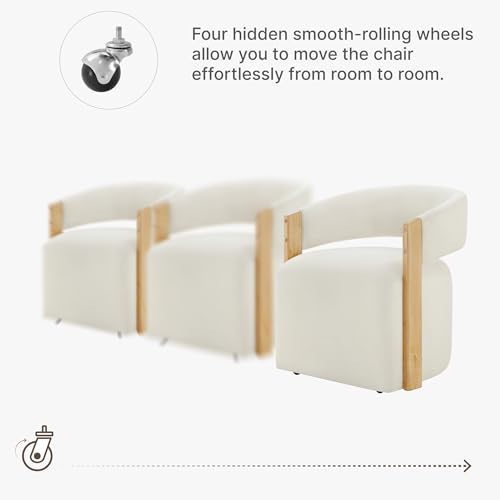 Image of KISLOT Upholstered Dining Chairs with Casters, Modern Barrel Side Armchair with Rollers & Wooden Armrest for Dining Room, Bedroom, Kitchen, Reading Room, Beige, Set of 2