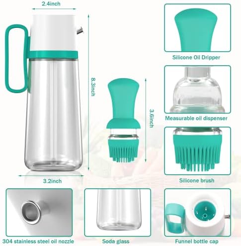 Oil Dispenser Bottle, Glass Oil Bottle with Silicone Brush, 2 in 1 Glass Olive Oil Dispenser Bottle Dropper Measuring Cooking Oil Dispenser Bottle Containe for Cooking,BBQ,Baking (550ml-BLUE)