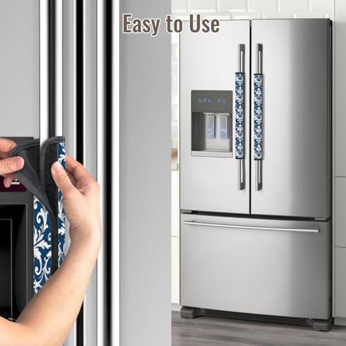 Image of Blue Vintage Refrigerator Door Handle Covers Set of 2, Neoprene Fridge Door Handle Covers Washable Non-Slip Protector for Fridge Dishwasher Appliance Handle Covers, Keep Your Kitchen Clean