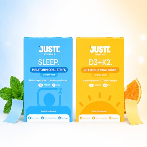 Image of JUSTT ESSENTIALS Melatonin 5mg Sleep Aid + Vitamin D3 600 IU with K2 Oral Strips Combo Pack of 2, Fast Dissolving, Mint & Orange, 30 Sugar-Free Vegan Strips Each