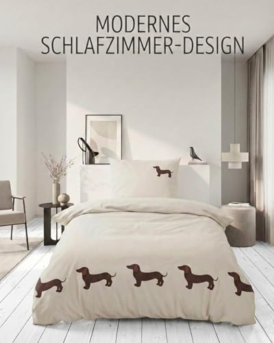 Trautesheim Bettwäsche Set mit Dackelmotiv (2-teilig) – Bettwäsche 135x200cm mit Kissenbezug 80x80cm – Bettbezug aus 100% nachhaltiger Baumwolle