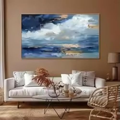 Peinture à l'huile 3D vague de l'océan tableau abstrait bleu sur toile 20x40cm