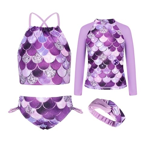 Image of GRACE KARIN Girls Swimsuit Tankini Set Rash Guard Long Sleeve Swimsuit 4 Piece Bathing Suit Swimwear 5-14Y