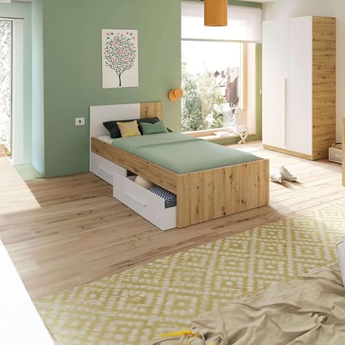 Miniatura 2 de Habitdesign Cama Individual Juvenil Con 2 Cajones, Reversible, Color Blanco Artik Y Roble Nodi, 196x97x77 Cm Modelo Noa Sin Somier