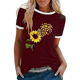 Pullover T-Shirt Damen Mode Casual Print O-Ausschnitt Lose Kurzarm Top Bluse (XXL,2Wein)