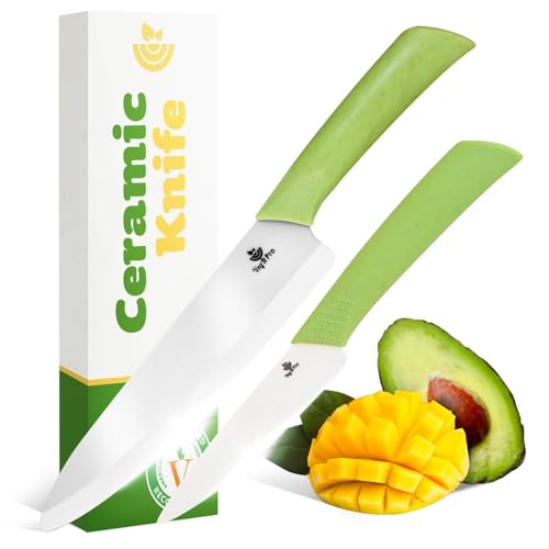 Ceramic Knife Set with Ergonomic Handle, Non-Reactive and Professional Chopping Knife Featuring Sharp, Rust-Proof Blades for Cutting Vegetables & Fruits, Durable Ceramic Kitchen Knives Set 6” & 4”