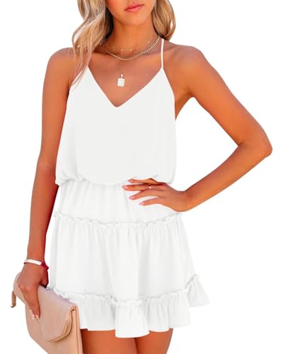 Newffr Womens V Neck Summer Mini Dress Sleeveless Ruffle Spaghetti Strap Racerback Flowy Beach Vacation Sundresses