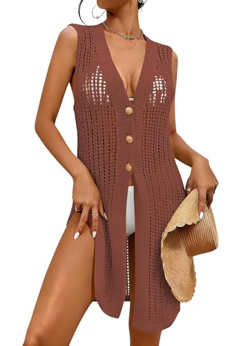 Image of Cakulo Womens Crochet Cardigan Summer Sleeveless Hollow Out Long Vest 2026 Boho Beach Vacation Swim Cover Up