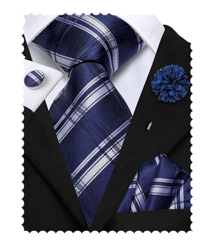 Image of Hi-Tie Men's Blue and Silver Plaid Tie Set Silk Woven Lapel Pin Pocket Square Cufflinks Sets Formal Business Wedding