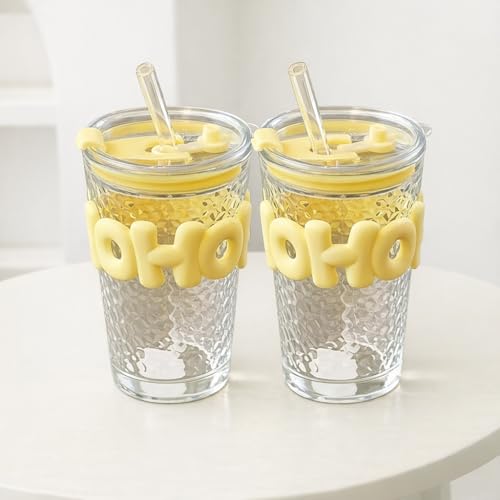 Image of Glass Sipper Tumbler with Straw | Set of 2 | 450ml Stylish Cup for Cold & Hot Drinks | Reusable Travel Mug for Office, Gym, Home (Transparent, Yellow)