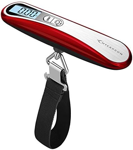MYCARBON Cyfrowa waga bagażowa, analogowa, do walizki podróżnej, kuchni, wędkowania, 50 kg, waga wisząca, waga cyfrowa, kolor czerwony