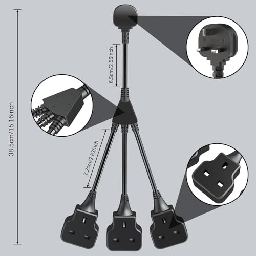 وصلة مقابس مزدوجة 3 في 1، وصلة تمديد 3 اتجاهات مع كيبل قصير (قابس بريطاني متضمن)، 3 منافذ تيار متردد 3500 واط (250 فولت/13 امبير) للمنزل والمكتب والسفر، سلك طاقة صغير، اسود