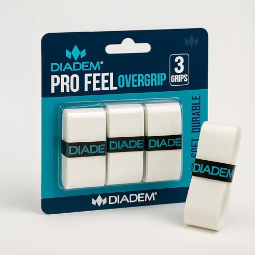 Diadem Pro Feel Overgrip | 3 Pack | Ultra-Thin 0.6mm Tennis & Pickleball Grip Tape – Superior Cushioning, Moisture-Wicking & Long-Lasting Tackiness (White)