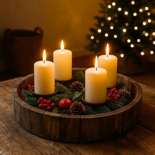 Adventskranz aus Holz rund mit schwarzen Kerzenhaltern aus Metall -...