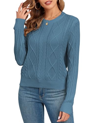 Image of ZAFUL Women's Cable Knit Sweaters Crew Neck Long Sleeve Solid Vintage Casual Pullover Sweater 2024 Fall Chunky Jumper Tops