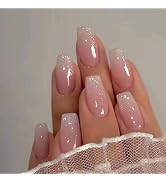 Gradient Press-On Nails Medium Square False Nails Pink Clear False Nails with Glitter Design for ...