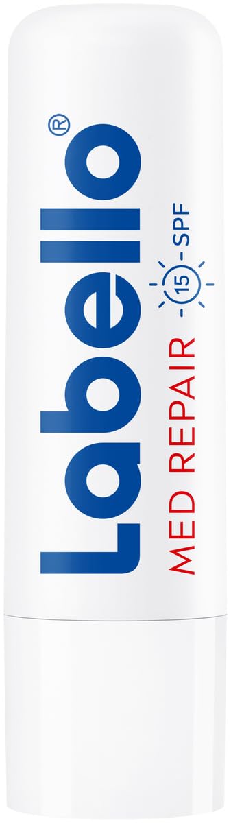 Labello Med Repair - Matita per la cura delle labbra, senza olio minerale, con SPF 15 e vitamina E, per labbra fragili, balsamo per labbra con burro di karitè e oli naturali (4,8 g)