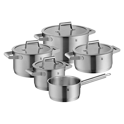 WMF 732556040 Comfort Line Pannenset 5-delig (hoge kookpan 16/20/24cm, Lage kookpan 20cm, Steelpan 16 cm), Alle warmtebronnen incl. Inductie, Brede schenkrand, TransTherm universele bodem, Cromargan