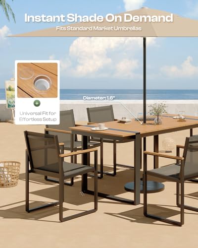 Image of Outdoor Dining Set, Patio Table and Chairs Set, 7 Piece HDPS + Aluminum Patio Furniture Set with Umbrella Hole, Patio Dining Table Set (Gray-Teak)