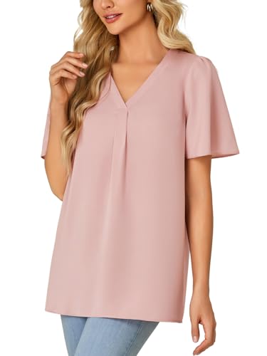 Rooscier Women's Ruffle Short Sleeve V Neck Loose Fit Cute Casual Blouse Tunic Top - Image 4